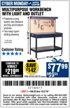 Harbor Freight Coupon MULTIPURPOSE WORKBENCH WITH LIGHTING AND OUTLET Lot No. 62563/60723/99681 Expired: 12/1/19 - $77.99