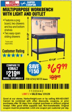 Harbor Freight Coupon MULTIPURPOSE WORKBENCH WITH LIGHTING AND OUTLET Lot No. 62563/60723/99681 Expired: 1/31/20 - $69.99