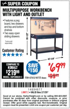 Harbor Freight Coupon MULTIPURPOSE WORKBENCH WITH LIGHTING AND OUTLET Lot No. 62563/60723/99681 Expired: 2/7/20 - $69.99