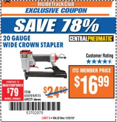 Harbor Freight ITC Coupon 20 Gauge Wide Crown Stapler Lot No. 61619/68029 Expired: 1/29/19 - $16.99