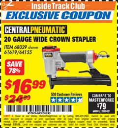 Harbor Freight ITC Coupon 20 Gauge Wide Crown Stapler Lot No. 61619/68029 Expired: 3/31/19 - $16.99
