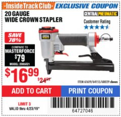 Harbor Freight ITC Coupon 20 Gauge Wide Crown Stapler Lot No. 61619/68029 Expired: 4/23/19 - $16.99