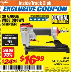Harbor Freight ITC Coupon 20 Gauge Wide Crown Stapler Lot No. 61619/68029 Expired: 3/31/20 - $16.99