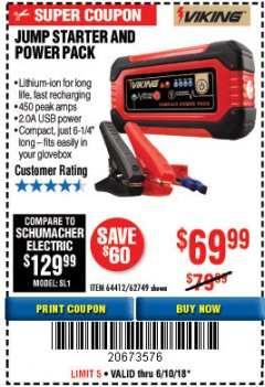 Harbor Freight Coupon LITHIUM ION JUMP STARTER AND POWER PACK Lot No. 62749/64412/56797/56798 Expired: 6/10/18 - $69.99