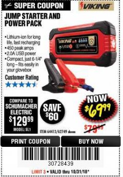 Harbor Freight Coupon LITHIUM ION JUMP STARTER AND POWER PACK Lot No. 62749/64412/56797/56798 Expired: 10/31/18 - $69.99