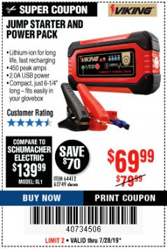 Harbor Freight Coupon LITHIUM ION JUMP STARTER AND POWER PACK Lot No. 62749/64412/56797/56798 Expired: 7/28/19 - $69.99