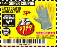 Harbor Freight Coupon HARDY LATEX COATED WORK GLOVES Lot No. 90909/61436/90912/61435/90913/61437 Expired: 11/30/18 - $1.49