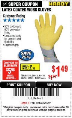 Harbor Freight Coupon HARDY LATEX COATED WORK GLOVES Lot No. 90909/61436/90912/61435/90913/61437 Expired: 3/17/19 - $1.49