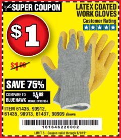 Harbor Freight Coupon HARDY LATEX COATED WORK GLOVES Lot No. 90909/61436/90912/61435/90913/61437 Expired: 6/1/19 - $1