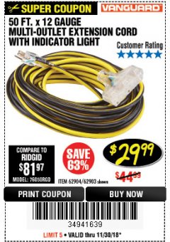 Harbor Freight Coupon 12 GAUGE X 50FT MULTI-OUTLET EXTENSION CORD WITH INDICATOR LIGHT Lot No. 96709/62903/61953/62904 Expired: 11/30/18 - $29.99