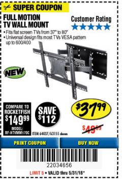 Harbor Freight Coupon FULL MOTION TV WALL MOUNT  Lot No. 64037/63155 Expired: 5/31/18 - $37.99