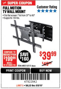 Harbor Freight Coupon FULL MOTION TV WALL MOUNT  Lot No. 64037/63155 Expired: 9/9/18 - $39.99