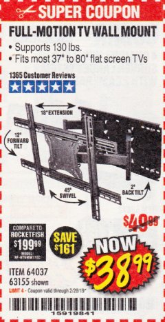 Harbor Freight Coupon FULL MOTION TV WALL MOUNT  Lot No. 64037/63155 Expired: 2/28/19 - $38.99