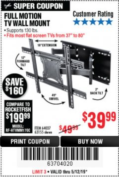 Harbor Freight Coupon FULL MOTION TV WALL MOUNT  Lot No. 64037/63155 Expired: 5/12/19 - $39.99