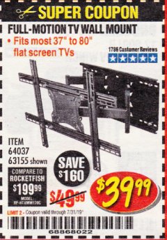 Harbor Freight Coupon FULL MOTION TV WALL MOUNT  Lot No. 64037/63155 Expired: 7/31/19 - $39.99