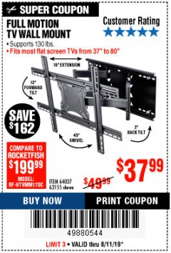 Harbor Freight Coupon FULL MOTION TV WALL MOUNT  Lot No. 64037/63155 Expired: 8/11/19 - $37.99