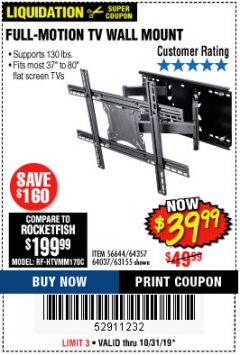 Harbor Freight Coupon FULL MOTION TV WALL MOUNT  Lot No. 64037/63155 Expired: 10/31/19 - $39.99