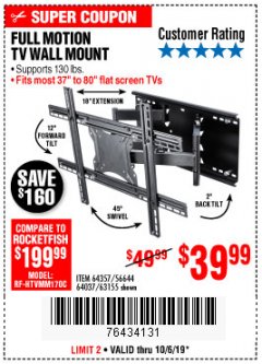 Harbor Freight Coupon FULL MOTION TV WALL MOUNT  Lot No. 64037/63155 Expired: 10/6/19 - $39.99