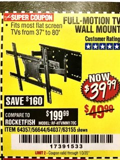 Harbor Freight Coupon FULL MOTION TV WALL MOUNT  Lot No. 64037/63155 Expired: 1/3/20 - $39.99