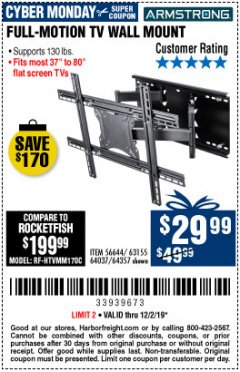 Harbor Freight Coupon FULL MOTION TV WALL MOUNT  Lot No. 64037/63155 Expired: 12/2/19 - $29.99