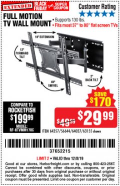 Harbor Freight Coupon FULL MOTION TV WALL MOUNT  Lot No. 64037/63155 Expired: 12/8/19 - $29.99