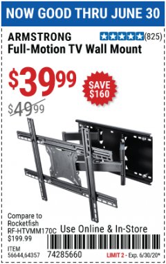 Harbor Freight Coupon FULL MOTION TV WALL MOUNT  Lot No. 64037/63155 Expired: 6/30/20 - $39.99