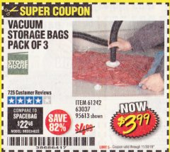 Harbor Freight Coupon VACUUM STORAGE BAGS PACK OF 3 Lot No. 61242/95613 Expired: 11/30/19 - $3.99