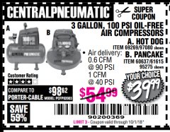 Harbor Freight Coupon 3 GALLON, 100 PSI OILLESS AIR COMPRESSORS Lot No. 69269/97080/60637/61615/95275 Expired: 10/1/18 - $39.99