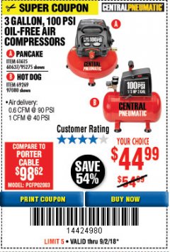 Harbor Freight Coupon 3 GALLON, 100 PSI OILLESS AIR COMPRESSORS Lot No. 69269/97080/60637/61615/95275 Expired: 9/2/18 - $44.99