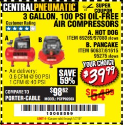 Harbor Freight Coupon 3 GALLON, 100 PSI OILLESS AIR COMPRESSORS Lot No. 69269/97080/60637/61615/95275 Expired: 1/7/19 - $39.99