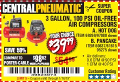 Harbor Freight Coupon 3 GALLON, 100 PSI OILLESS AIR COMPRESSORS Lot No. 69269/97080/60637/61615/95275 Expired: 1/16/19 - $39.99