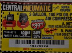 Harbor Freight Coupon 3 GALLON, 100 PSI OILLESS AIR COMPRESSORS Lot No. 69269/97080/60637/61615/95275 Expired: 1/4/19 - $39.99