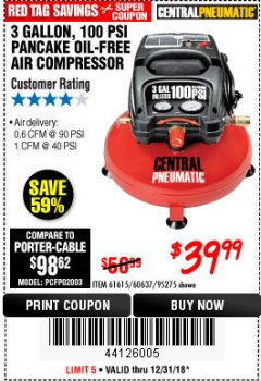 Harbor Freight Coupon 3 GALLON, 100 PSI OILLESS AIR COMPRESSORS Lot No. 69269/97080/60637/61615/95275 Expired: 12/31/18 - $39.99