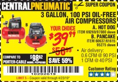 Harbor Freight Coupon 3 GALLON, 100 PSI OILLESS AIR COMPRESSORS Lot No. 69269/97080/60637/61615/95275 Expired: 4/23/19 - $39.99