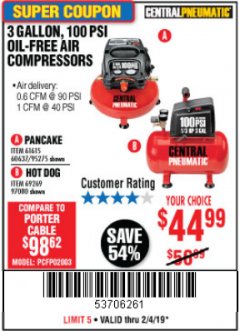 Harbor Freight Coupon 3 GALLON, 100 PSI OILLESS AIR COMPRESSORS Lot No. 69269/97080/60637/61615/95275 Expired: 2/4/19 - $44.99