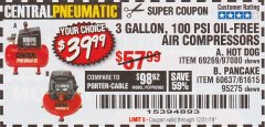 Harbor Freight Coupon 3 GALLON, 100 PSI OILLESS AIR COMPRESSORS Lot No. 69269/97080/60637/61615/95275 Expired: 12/31/19 - $39.99