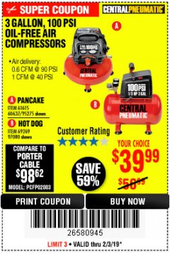 Harbor Freight Coupon 3 GALLON, 100 PSI OILLESS AIR COMPRESSORS Lot No. 69269/97080/60637/61615/95275 Expired: 2/3/19 - $39.99