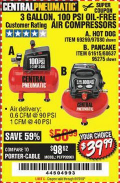 Harbor Freight Coupon 3 GALLON, 100 PSI OILLESS AIR COMPRESSORS Lot No. 69269/97080/60637/61615/95275 Expired: 6/15/19 - $39.99