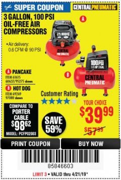 Harbor Freight Coupon 3 GALLON, 100 PSI OILLESS AIR COMPRESSORS Lot No. 69269/97080/60637/61615/95275 Expired: 4/21/19 - $39.99