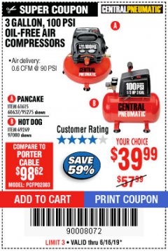 Harbor Freight Coupon 3 GALLON, 100 PSI OILLESS AIR COMPRESSORS Lot No. 69269/97080/60637/61615/95275 Expired: 6/16/19 - $39.99