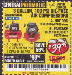 Harbor Freight Coupon 3 GALLON, 100 PSI OILLESS AIR COMPRESSORS Lot No. 69269/97080/60637/61615/95275 Expired: 8/8/19 - $39.99