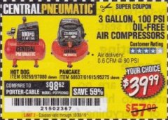 Harbor Freight Coupon 3 GALLON, 100 PSI OILLESS AIR COMPRESSORS Lot No. 69269/97080/60637/61615/95275 Expired: 10/30/19 - $39.99