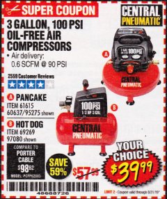 Harbor Freight Coupon 3 GALLON, 100 PSI OILLESS AIR COMPRESSORS Lot No. 69269/97080/60637/61615/95275 Expired: 8/31/19 - $39.99