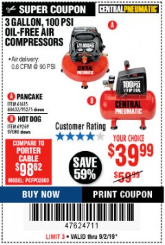 Harbor Freight Coupon 3 GALLON, 100 PSI OILLESS AIR COMPRESSORS Lot No. 69269/97080/60637/61615/95275 Expired: 9/2/19 - $39.99