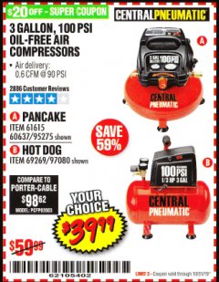 Harbor Freight Coupon 3 GALLON, 100 PSI OILLESS AIR COMPRESSORS Lot No. 69269/97080/60637/61615/95275 Expired: 10/31/19 - $39.99
