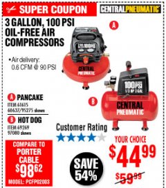 Harbor Freight Coupon 3 GALLON, 100 PSI OILLESS AIR COMPRESSORS Lot No. 69269/97080/60637/61615/95275 Expired: 10/4/19 - $44.99