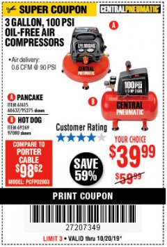 Harbor Freight Coupon 3 GALLON, 100 PSI OILLESS AIR COMPRESSORS Lot No. 69269/97080/60637/61615/95275 Expired: 10/20/19 - $39.99
