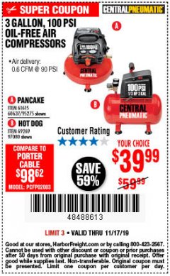 Harbor Freight Coupon 3 GALLON, 100 PSI OILLESS AIR COMPRESSORS Lot No. 69269/97080/60637/61615/95275 Expired: 11/17/19 - $39.99