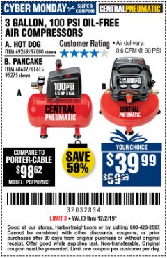 Harbor Freight Coupon 3 GALLON, 100 PSI OILLESS AIR COMPRESSORS Lot No. 69269/97080/60637/61615/95275 Expired: 12/1/19 - $39.99