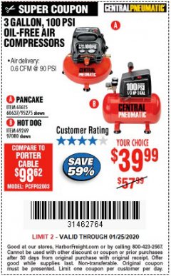 Harbor Freight Coupon 3 GALLON, 100 PSI OILLESS AIR COMPRESSORS Lot No. 69269/97080/60637/61615/95275 Expired: 1/25/20 - $39.99